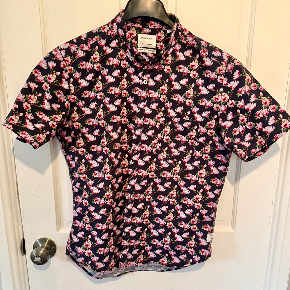 Men's Floral Button Down Shirt - Black and Pink